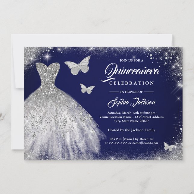 Invitation Robe à mouche en argent de la marine Quinceanera (Devant)