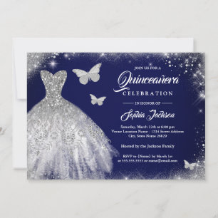 Invitation Robe à mouche en argent de la marine Quinceanera