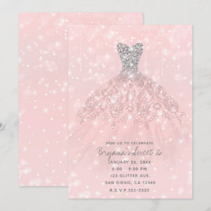 Invitation Robe à paillettes argentées rose pêche pour Sweet 