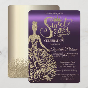 Invitation Robe à paillettes dorées, Diadème, Diamants Violet