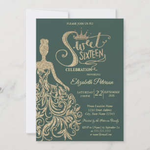Invitation Robe à paillettes dorées, Diadème, Vert 16 ans dou