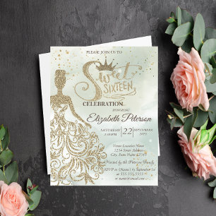 Invitation Robe à paillettes dorées, Diadème, Vert aquarelle