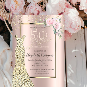 Invitation Robe à paillettes dorées,Fleur Rose Gold 50e Anniv