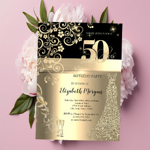 Invitation Robe à paillettes dorées Fleurs en verre 50e anniv