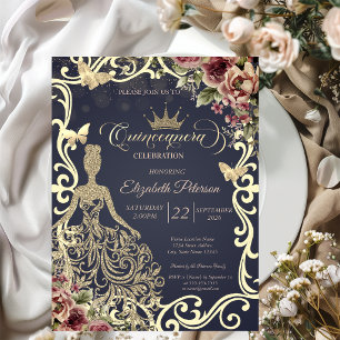 Invitation Robe à paillettes dorées, papillon floral encadré