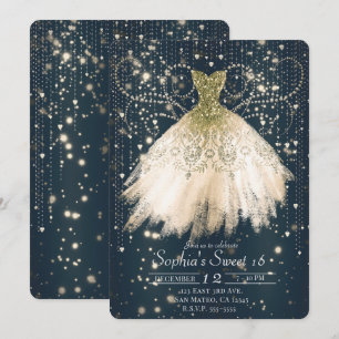 Invitation Robe à paillettes dorées pêche rose Fête douce som