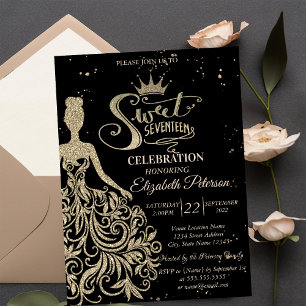 Invitation Robe à paillettes dorées, Quinceañera noir confett