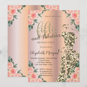 Invitation Robe à paillettes, fleurs rose doré 50e anniversai