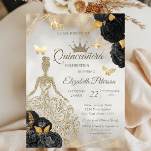 Invitation Robe à paillettes, Roses noires papillon Quinceañe