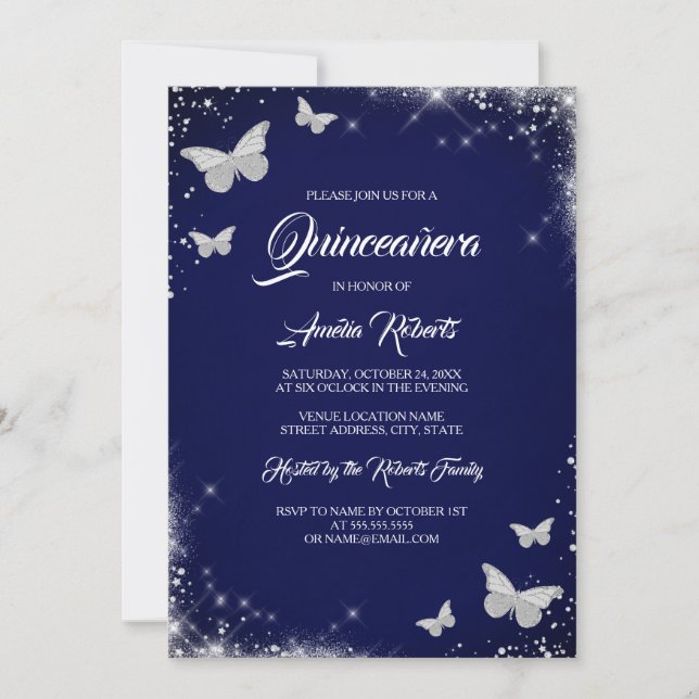 Invitation Robe à papillon en argent de la marine Quinceanera (Devant)