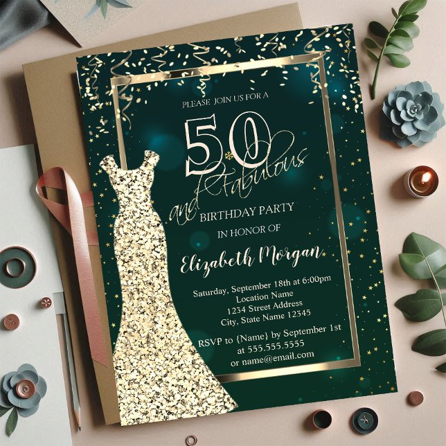 Invitation Robe à sequins dorés Vert 50e anniversaire (Créateur téléchargé)