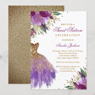 Invitation Robe Améthyste Paillettes Or Violet Sweet Sixteen