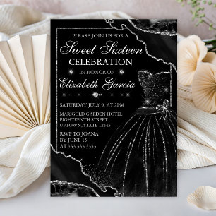 Invitation Robe aquarelle noire & Sweet 16 agate pailletée
