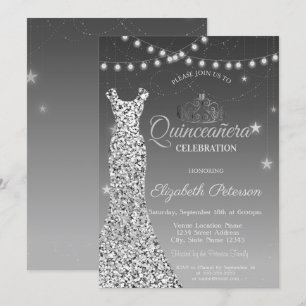 Invitation Robe Argent Élégante, Lumières À Cordes Quinceañer