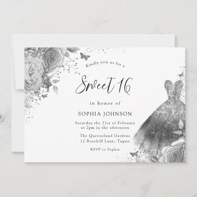 Invitation Robe Argent & Gris Floral Sweet 16 Party (Devant)