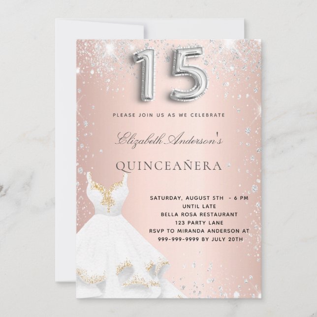 Invitation Robe argent or rose Quinceanera (Devant)