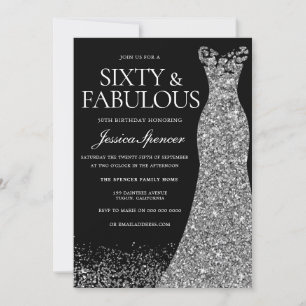 Invitation Robe argentée Soixante & Fabuleuse Fête 60 ans noi