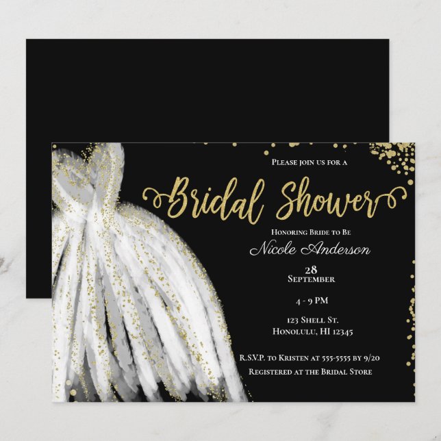 Invitation Robe blanche et Parties scintillant or Fête des ma (Devant / Derrière)