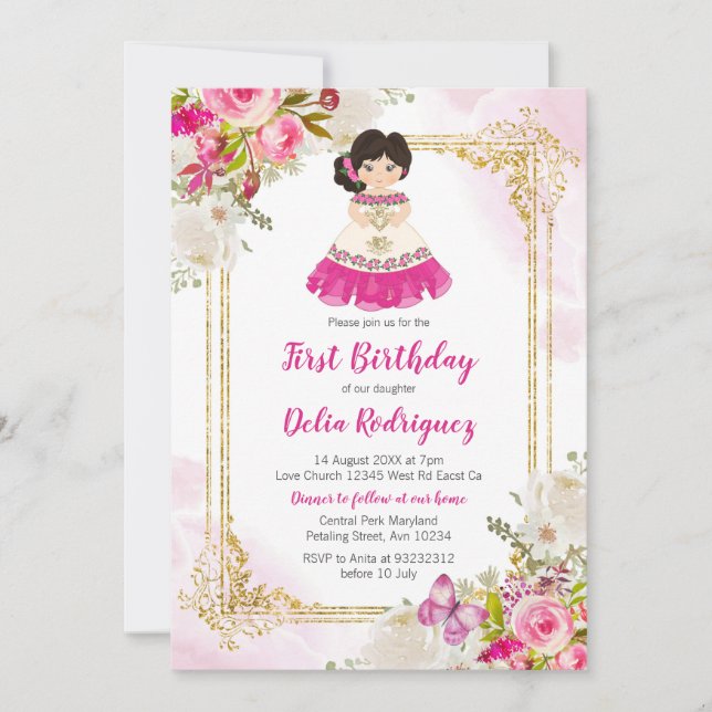 Invitation Robe blanche et rose Fille mexicaine Premier anniv (Devant)