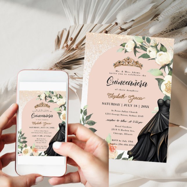 Invitation Robe blanche Floral or noir Quinceanera Anniversai (Créateur téléchargé)