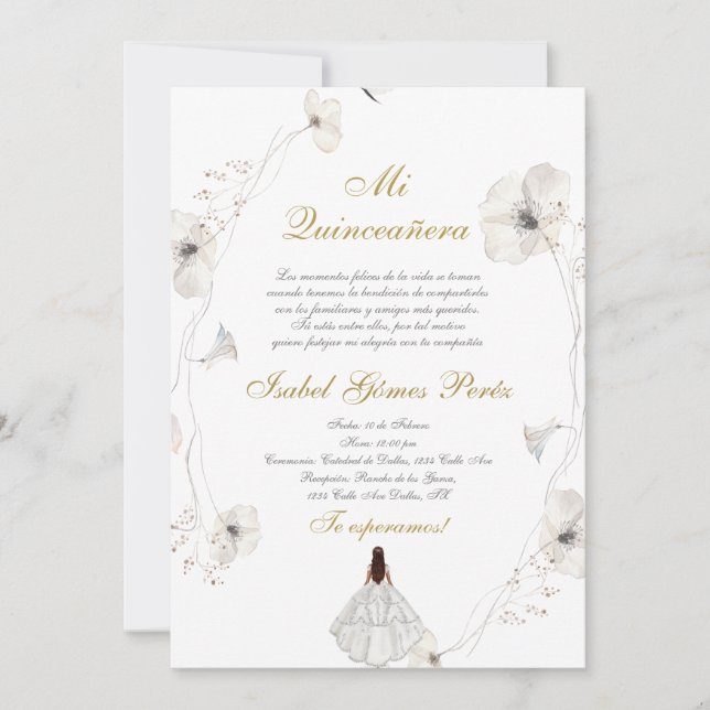 Invitation Robe blanche Quinceanera silhouette espagnole (Devant)