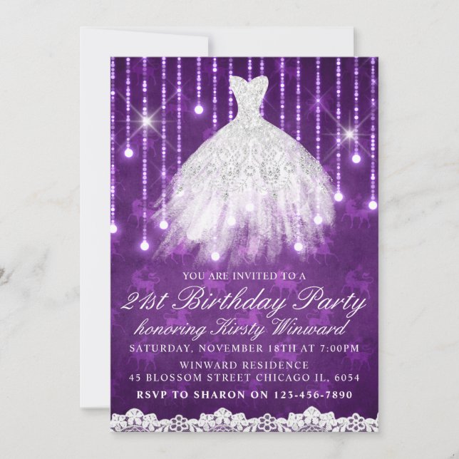 Invitation Robe blanche violet glamour fête d'anniversaire (Devant)