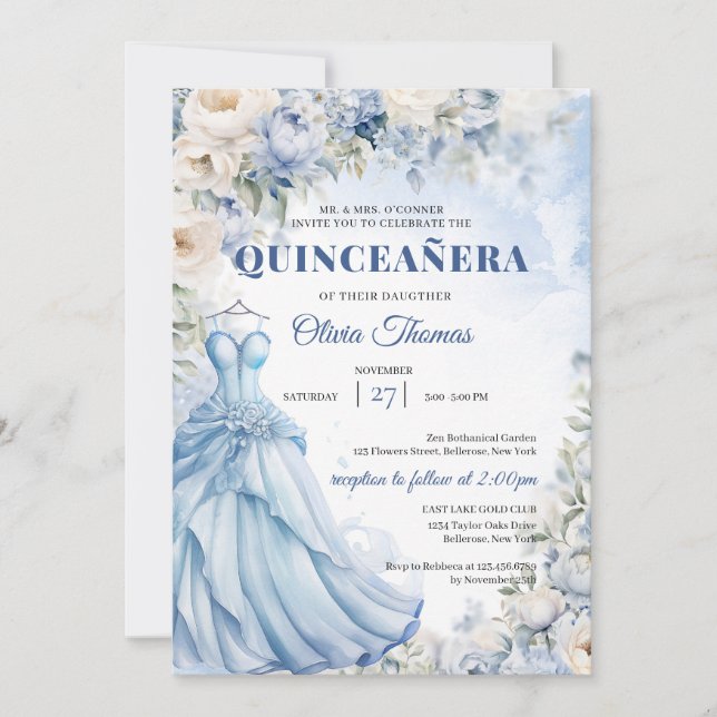 Invitation Robe bleu Boho & tiara hydrangea et roses blanches (Devant)
