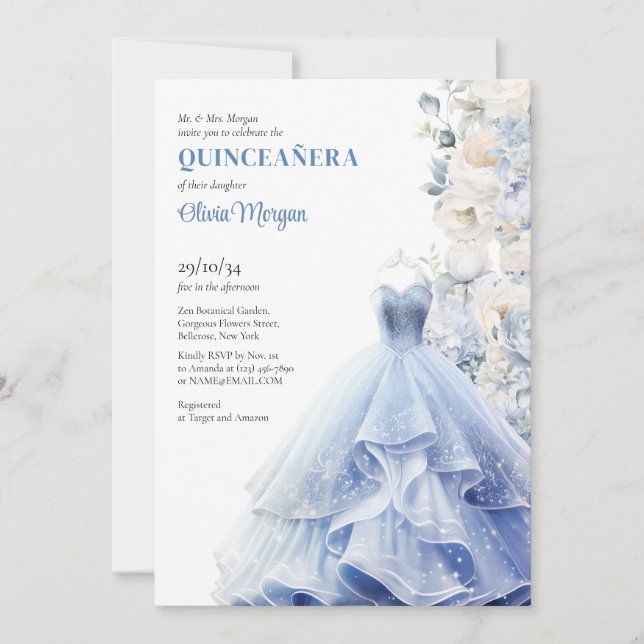 Invitation Robe bleu chic opulente aquarelle fleurs pivoines (Devant)