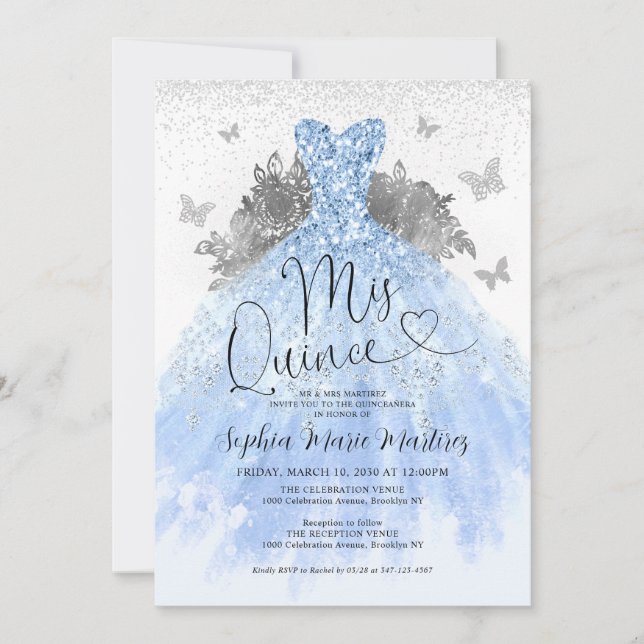 Invitation Robe bleu Dusty Mis Quince Quinceañera (Devant)