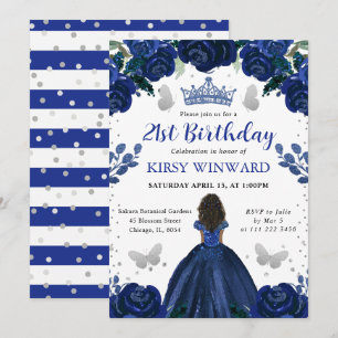 Invitation Robe bleu foncé Princesse à peau foncée Anniversai