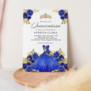 Invitation Robe bleu glam Aquarelle florale 15e Quinceañera