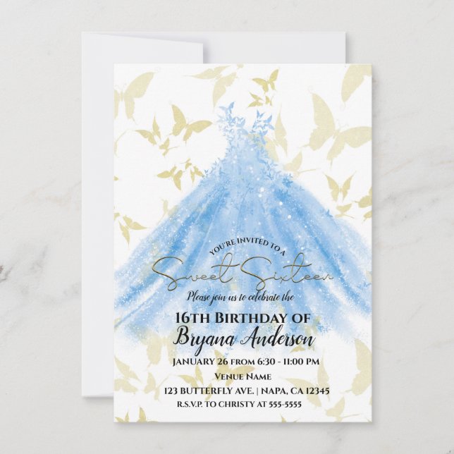Invitation Robe Bleue Bleue Bleu Bleu Or Douce 16 Partie Inv (Devant)