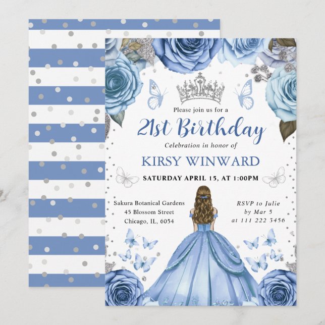 Invitation Robe bleue Blonde Princesse Anniversaire (Devant / Derrière)
