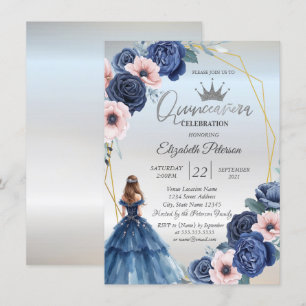Invitation Robe bleue, cadre aux fleurs bleues