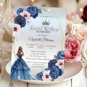 Invitation Robe bleue, cadre de fleurs bleues pour un Sweet 1