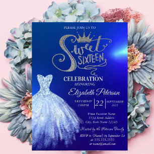 Invitation Robe bleue chic, diamants Blue Sweet 16