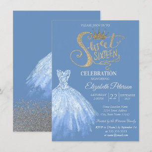 Invitation Robe bleue chic, Diamants Sweet 16