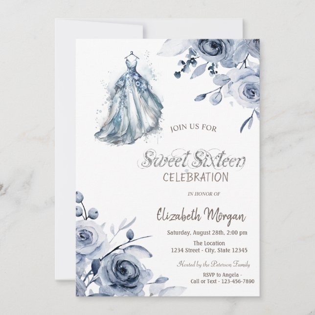 Invitation Robe Bleue Chic Roses Doux 16 (Devant)