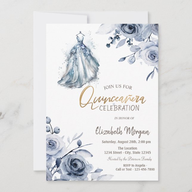 Invitation Robe Bleue Chic Roses Quinceañera (Devant)
