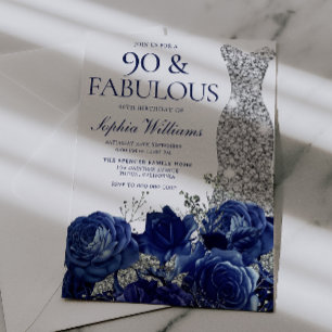 Invitation Robe bleue marine florale et diamant 90e anniversa