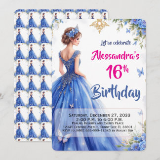 Invitation Robe bleue moderne 16e Fleur Élégante Anniversaire