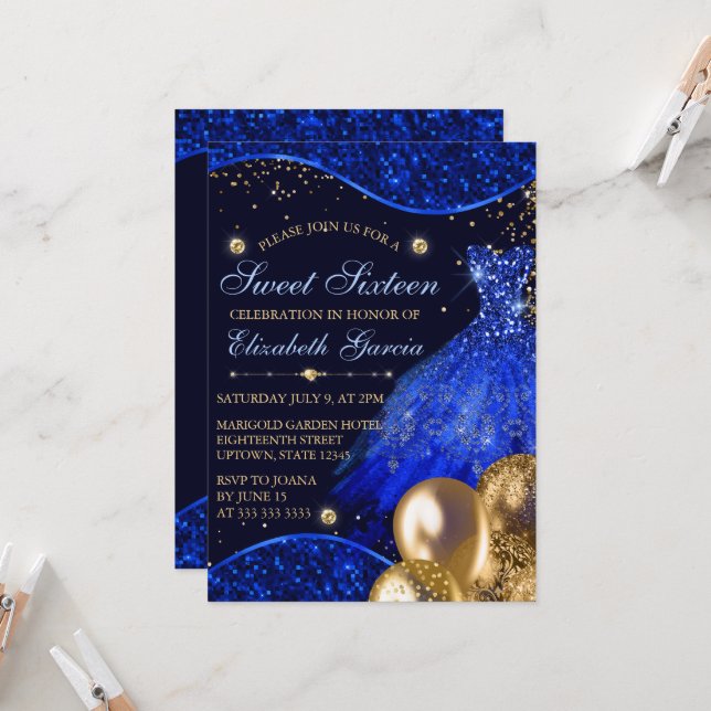 Invitation Robe Bleue & Parties scintillant Or Ballons Sweet  (Devant/Arrière en situation)