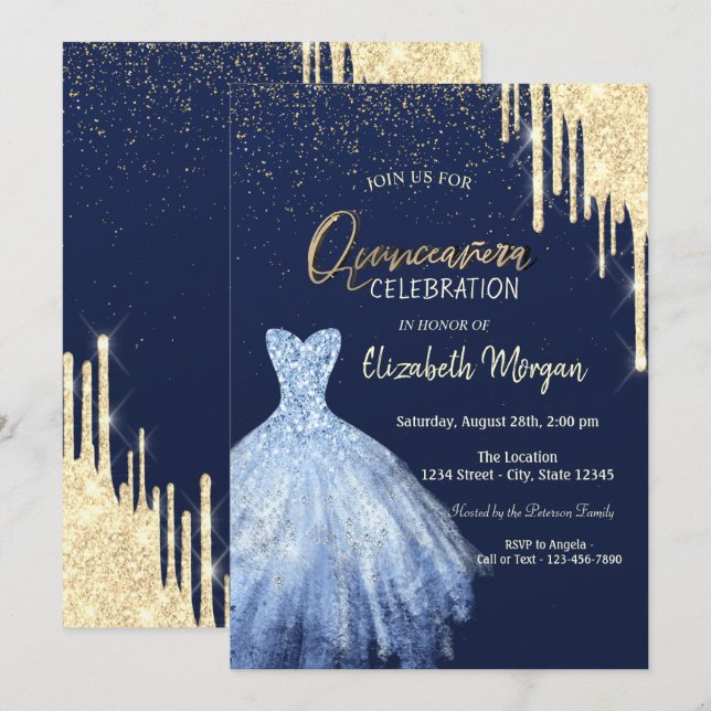 Invitation Robe Bleue Parties scintillant or Drip Quinceañera (Devant / Derrière)