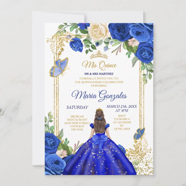 Invitation Robe Bleue Royale Quinceanera 15e anniversaire de  (Devant)