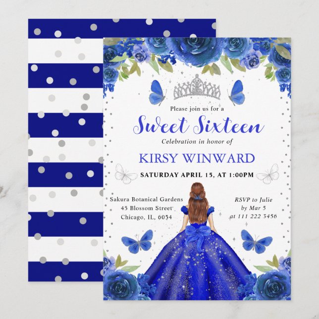 Invitation Robe Bleue Royale Rouge Haired Princess Sweet 16 (Devant / Derrière)