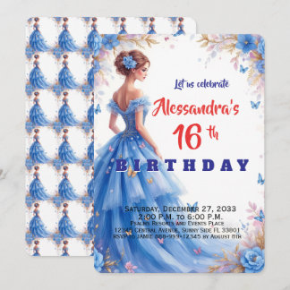 Invitation Robe bleue Sweet 16 florale élégante pour l'annive