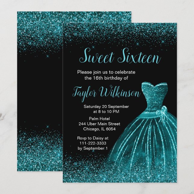 Invitation Robe Bleue turquoise Faux Parties scintillant Douc (Devant / Derrière)