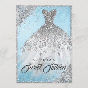 Invitation Robe Blue Argent Diamond Sparkle Sweet Sixteen