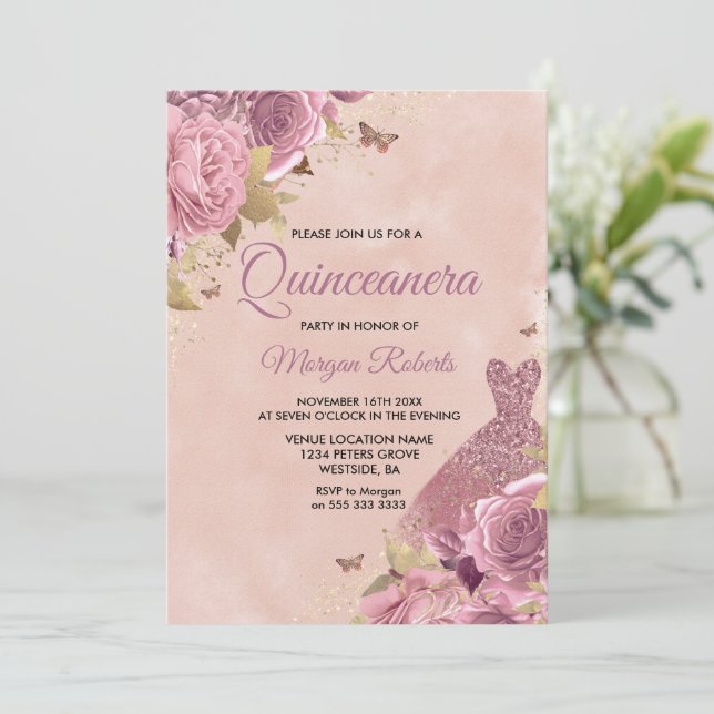Invitation Robe Blush Dusty Rose Floral Quinceanera Party (Debout devant)
