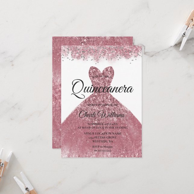 Invitation Robe Blush rose or Quinceanera Party (Devant/Arrière en situation)